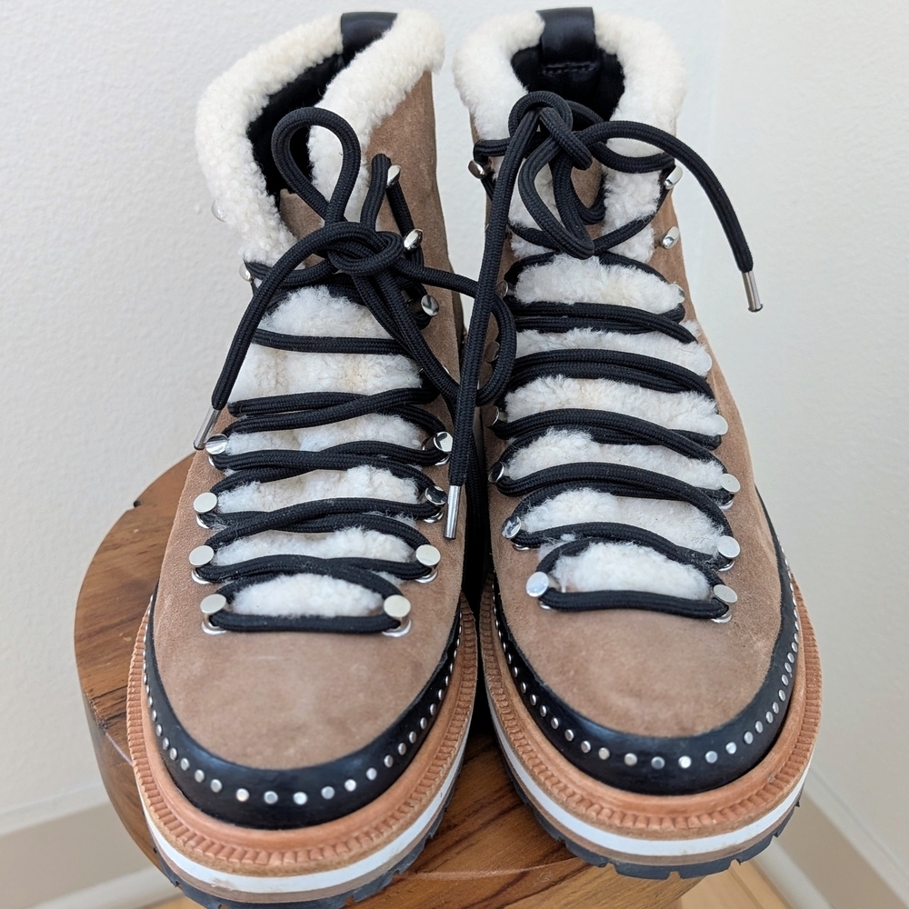 Rag & Bone Compass Shearling Tie Front Booties In Tan/Black, Size 9 - Picture 5 of 8